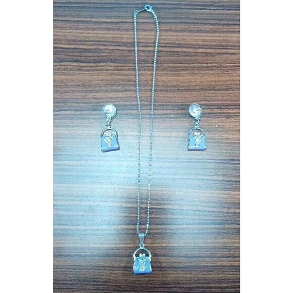Unbranded Jewelry - Purple Purse Charm Necklace Matching Earrings Bling Shopping Fun Pierced